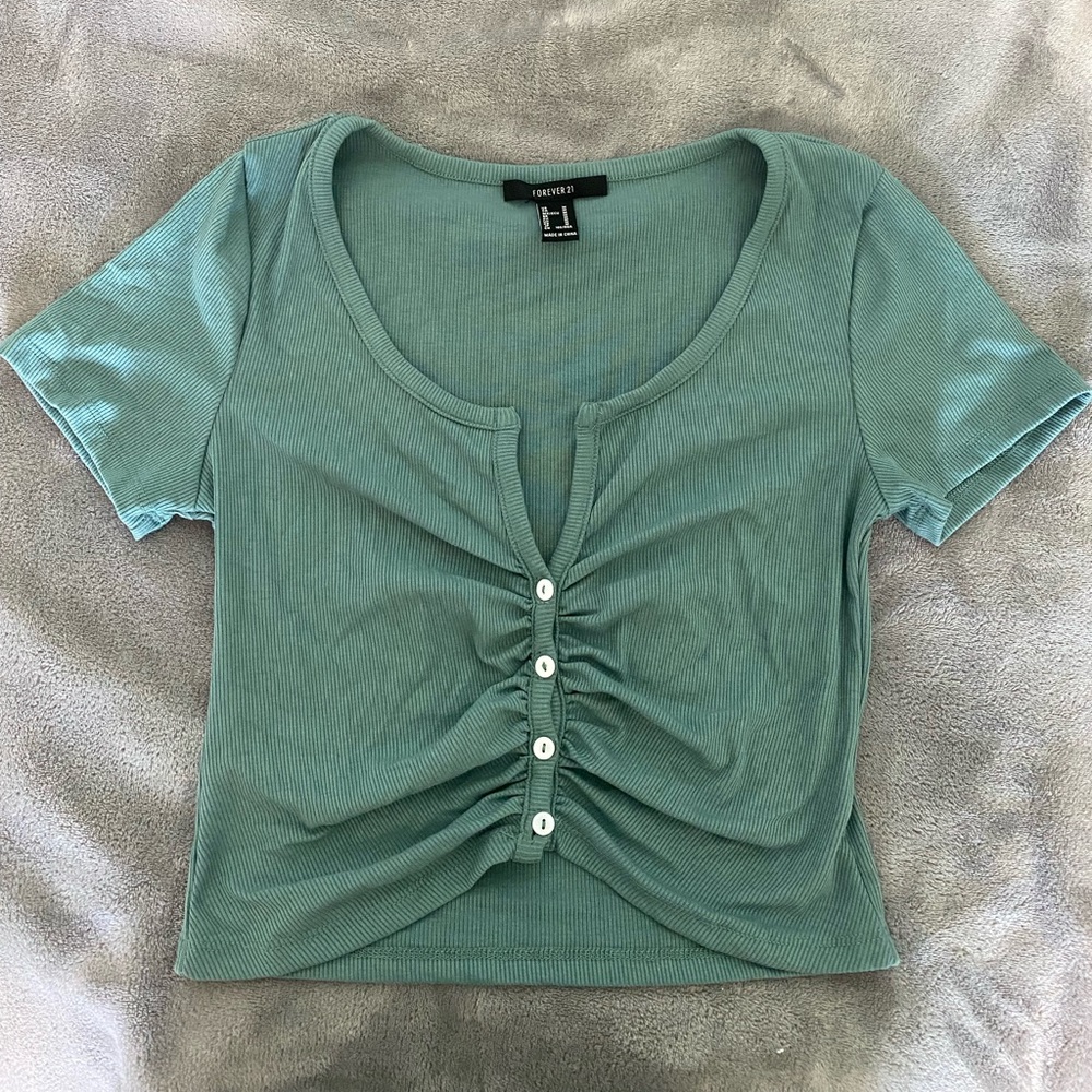 Forever 21 Green Button Down Crop Top - Size S